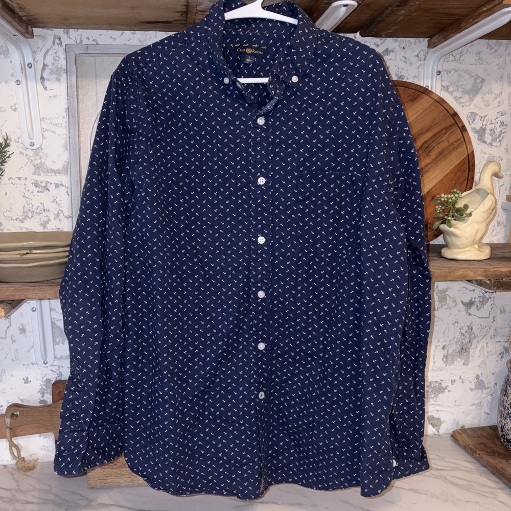 Men's 100% Cotton L Nautical Anchor Button Down Vacay Nantucket Vibe Shirt Navy